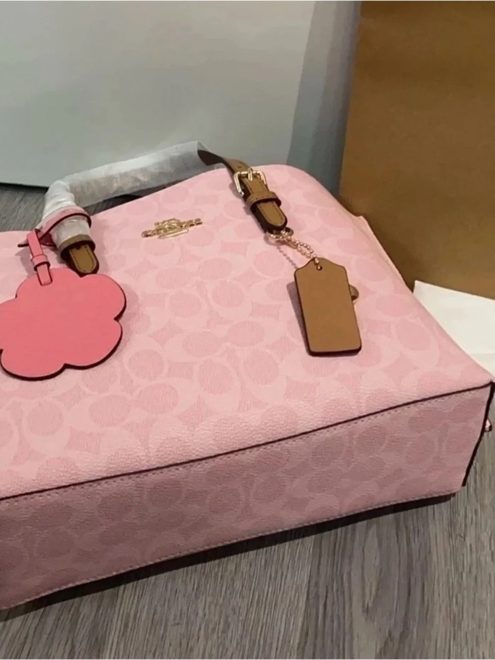 Coach Pink Signature Leather Shoulder Tote with Floral Charm
